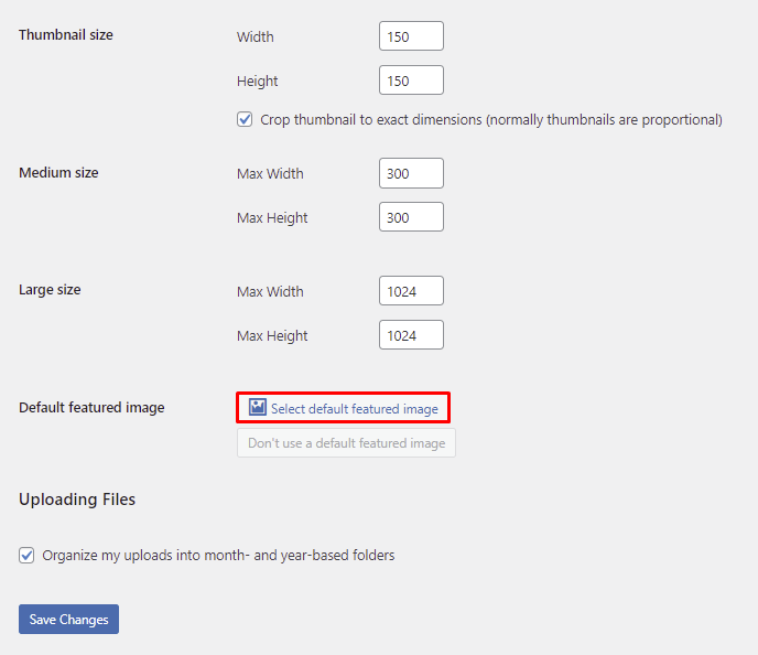 The default featured image option enabled after installing the plugin