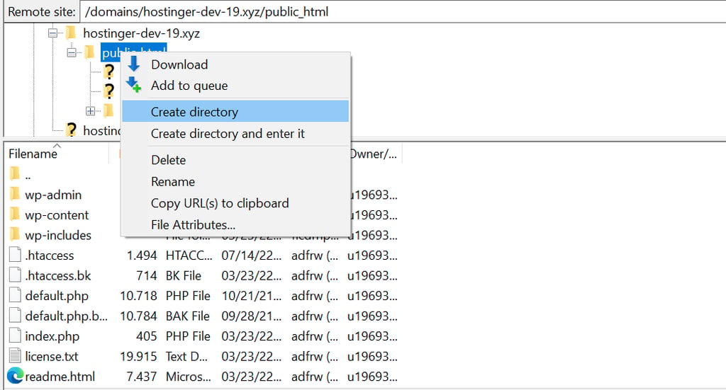 Creating a new folder under public_HTML via an FTP client.