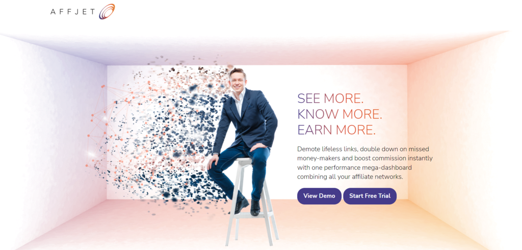 Homepage of the affiliate network performance tool AffJet.