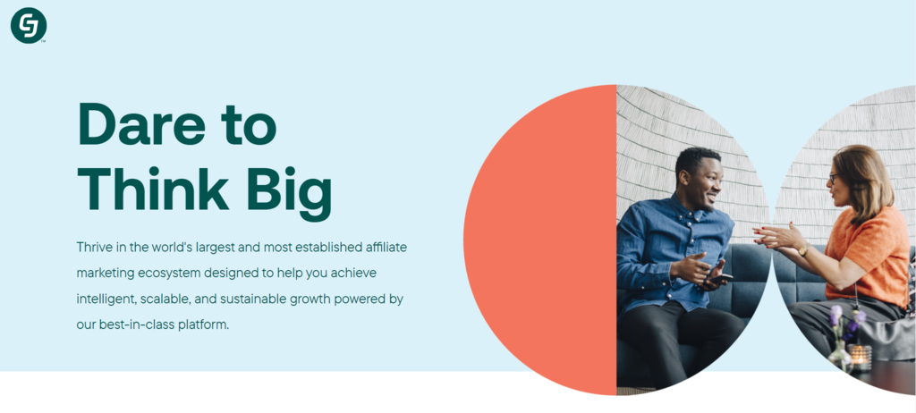 Landing page of CJ, an affiliate marketplace.