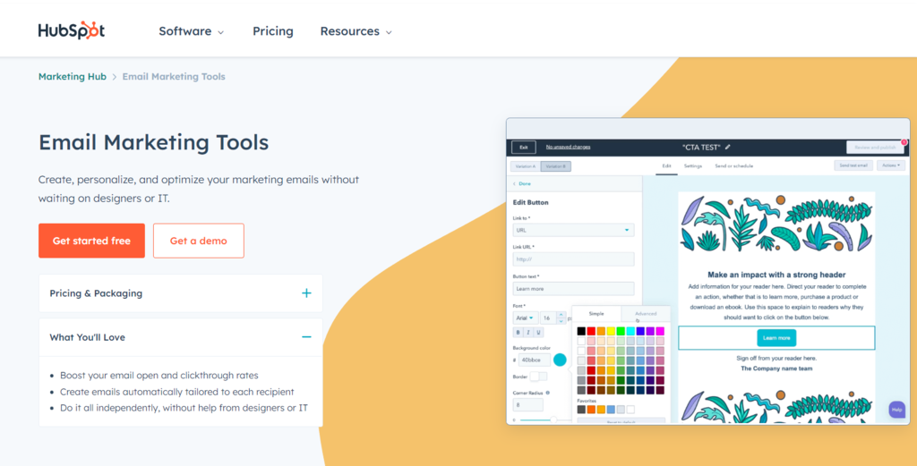 Landing page of HubSpot Email Marketing Tools.