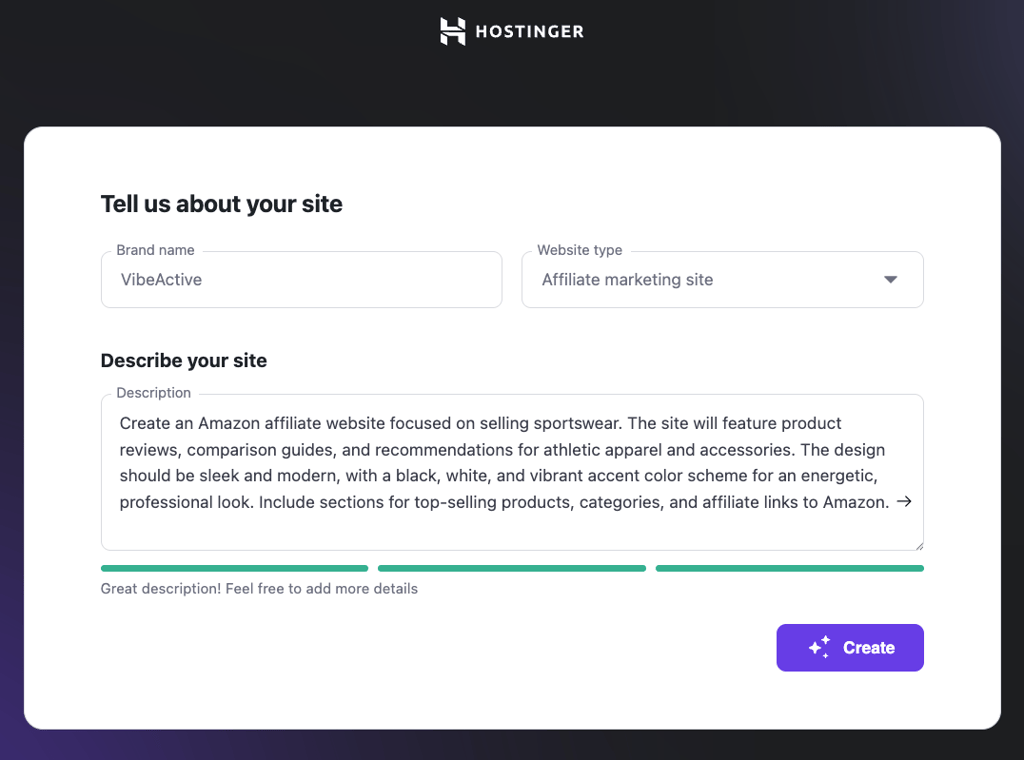 Hostinger AI Website Creation screen for Affiliate marketing site