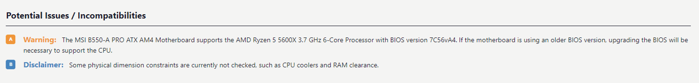 The incompatibility warning in PCPartPicker's blog