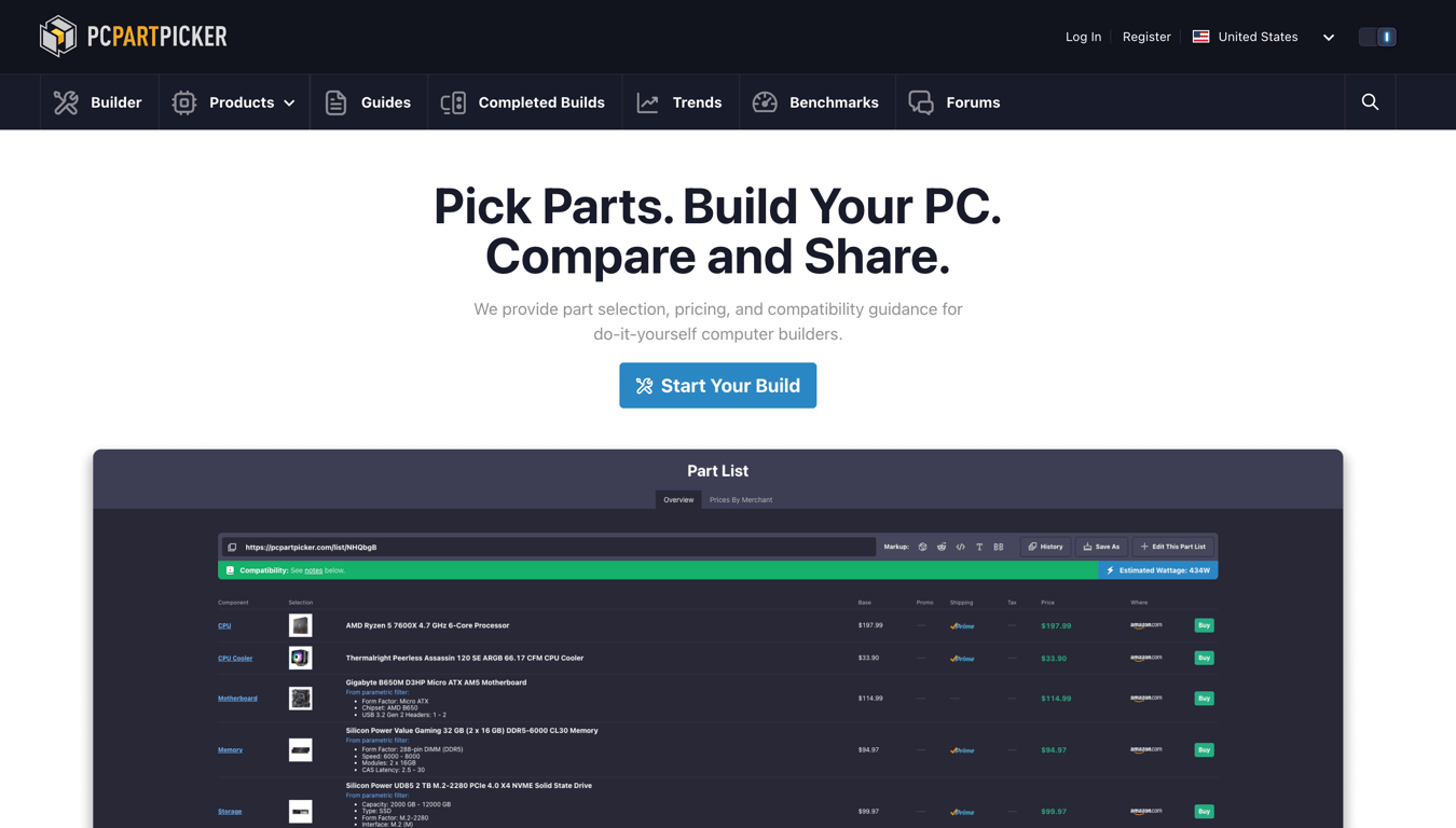 PCPartPicker's homepage