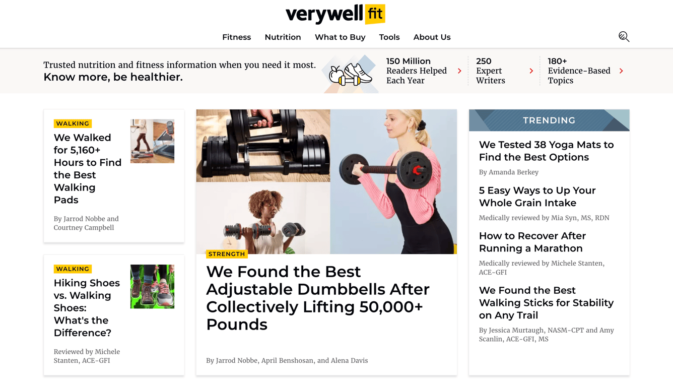 VeryWell Fit's homepage