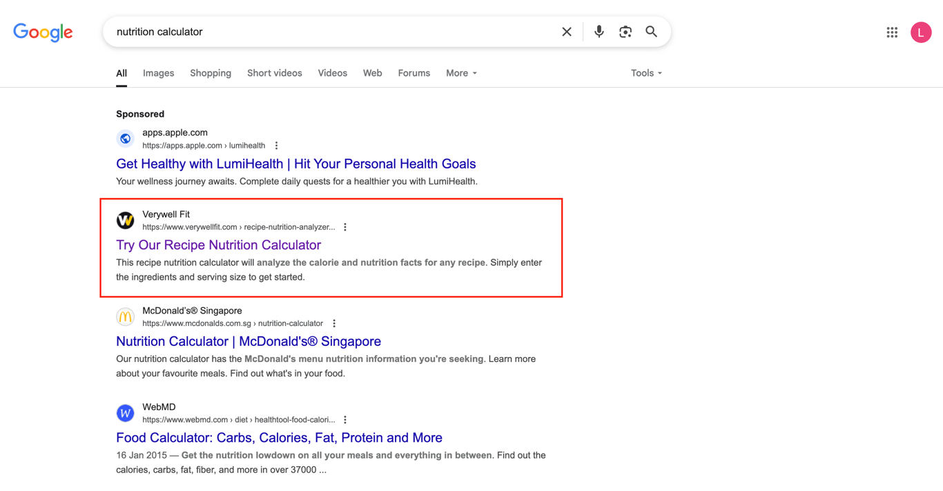 VeryWell Fit's nutrition calculator on the first page of Google search result pages