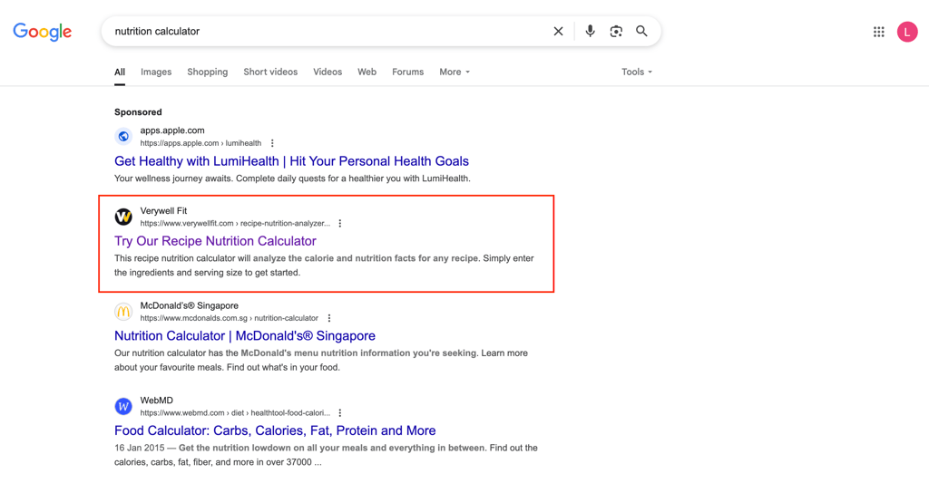 VeryWell Fit's nutrition calculator on the first page of Google search result pages