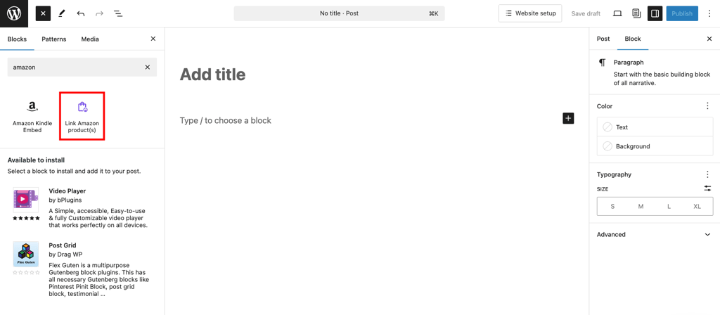 WordPress post editor, highlighting the Link Amazon product(s) block