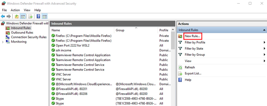 Adding a new inbound rule on Windows Defender Firewall.