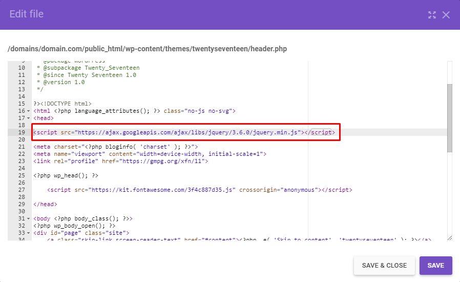 Adding the jQuery CDN script to the theme's header file.