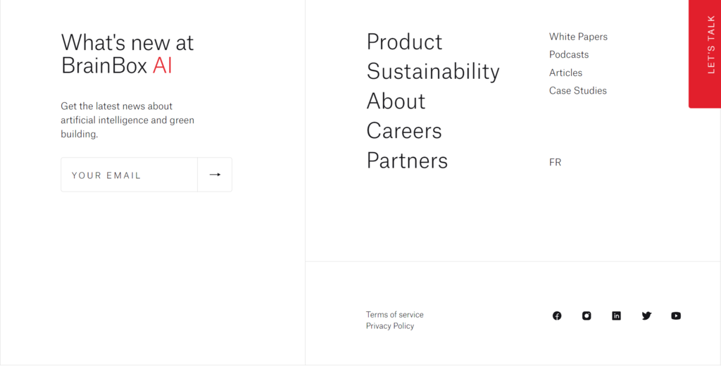 BrainBox AI's footer section displays a newsletter sign-up form, a vertical navigation menu, and social media links.
