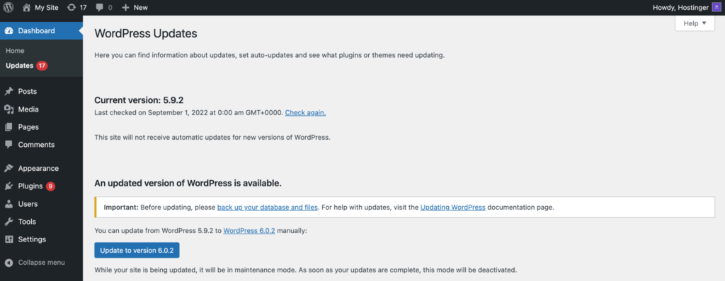 Checking for the latest version of WordPress with an Update to version 6.0.2 button present
