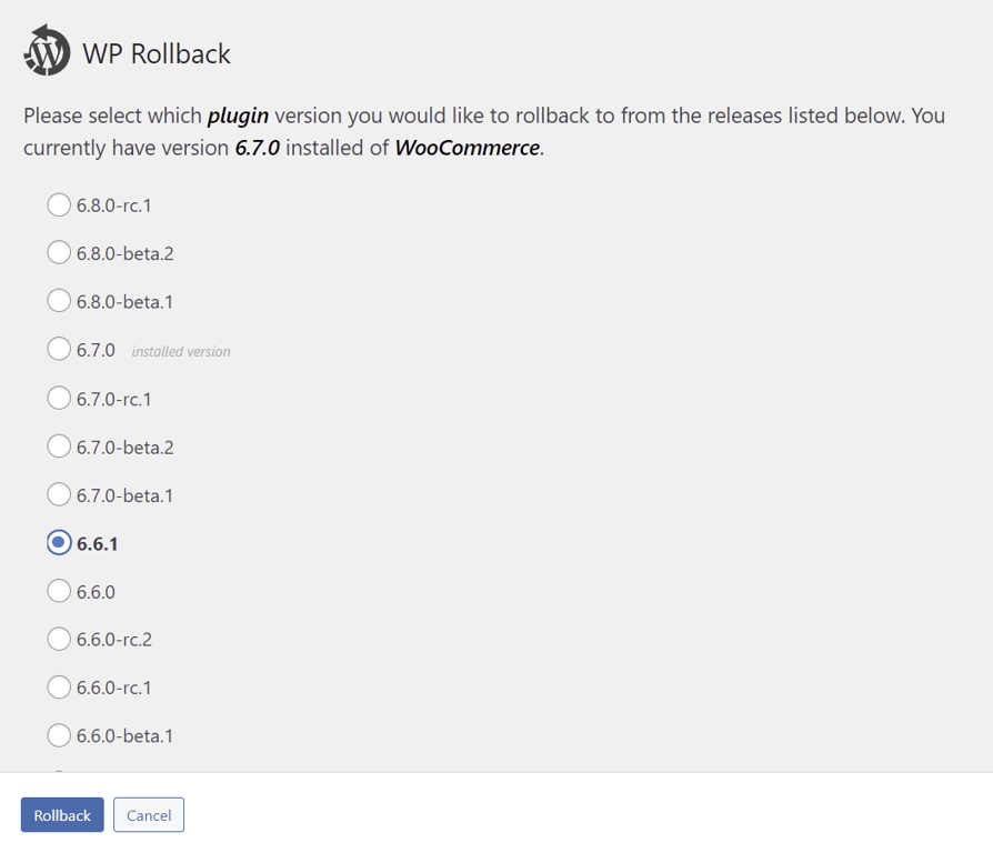 Choosing the target version of the chosen plugin you want to downgrade using WP Rollback