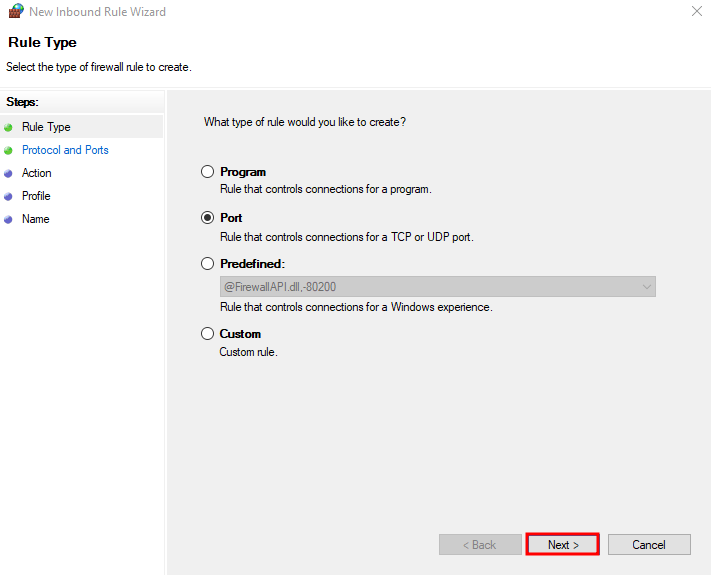 Choosing the type of rule to add on Windows Defender Firewall.