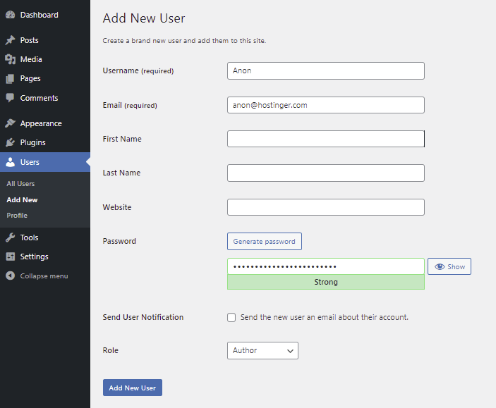 Creating a dummy user with the Author's role in WordPress