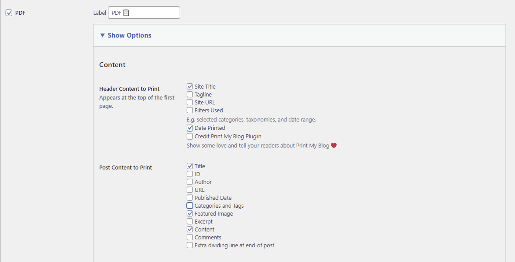 Customizing the Print My Blog plugin settings to print the desired content