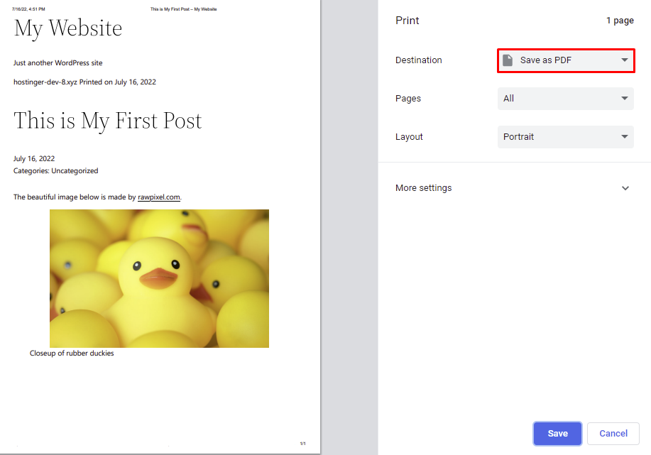 Exporting a WordPress post through the browser's print settings