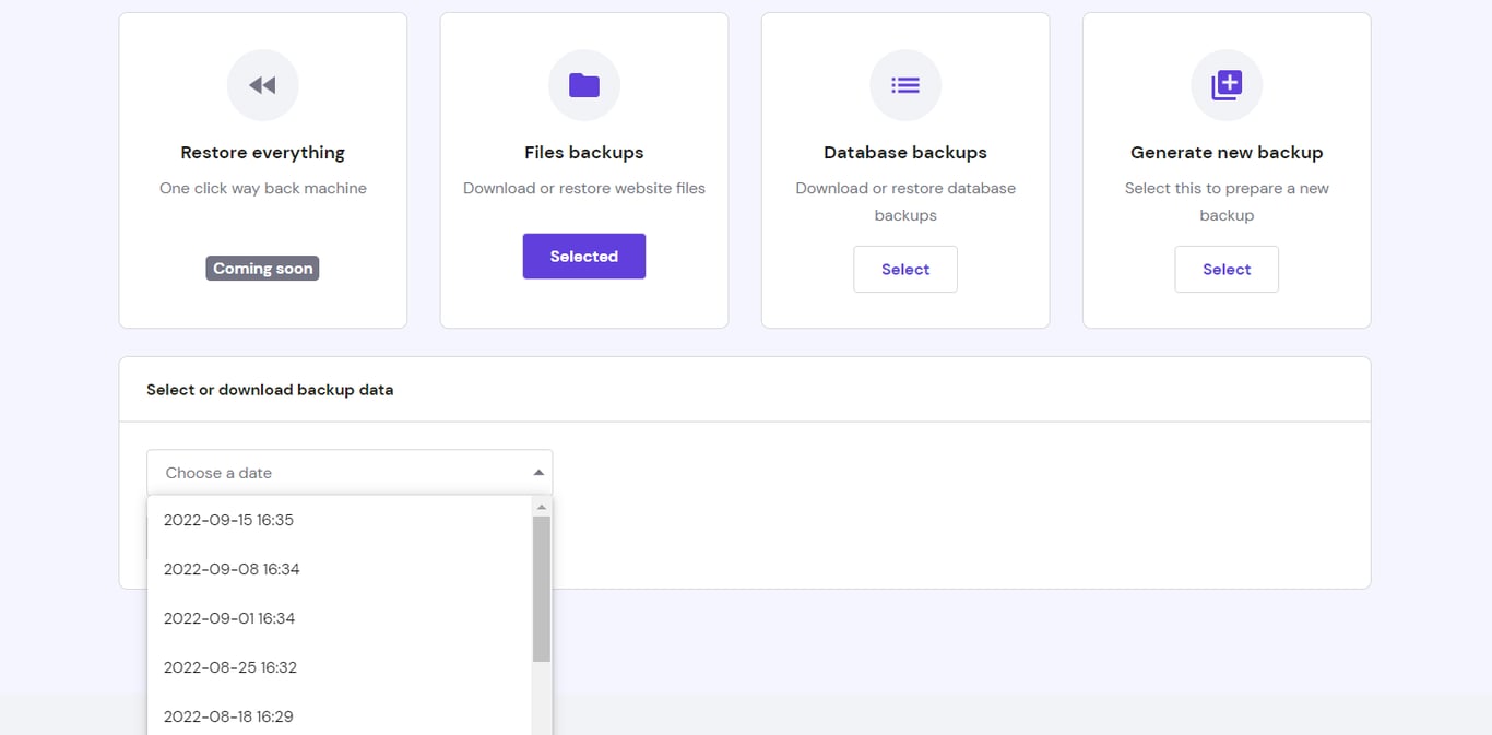 File backups menu on hPanel