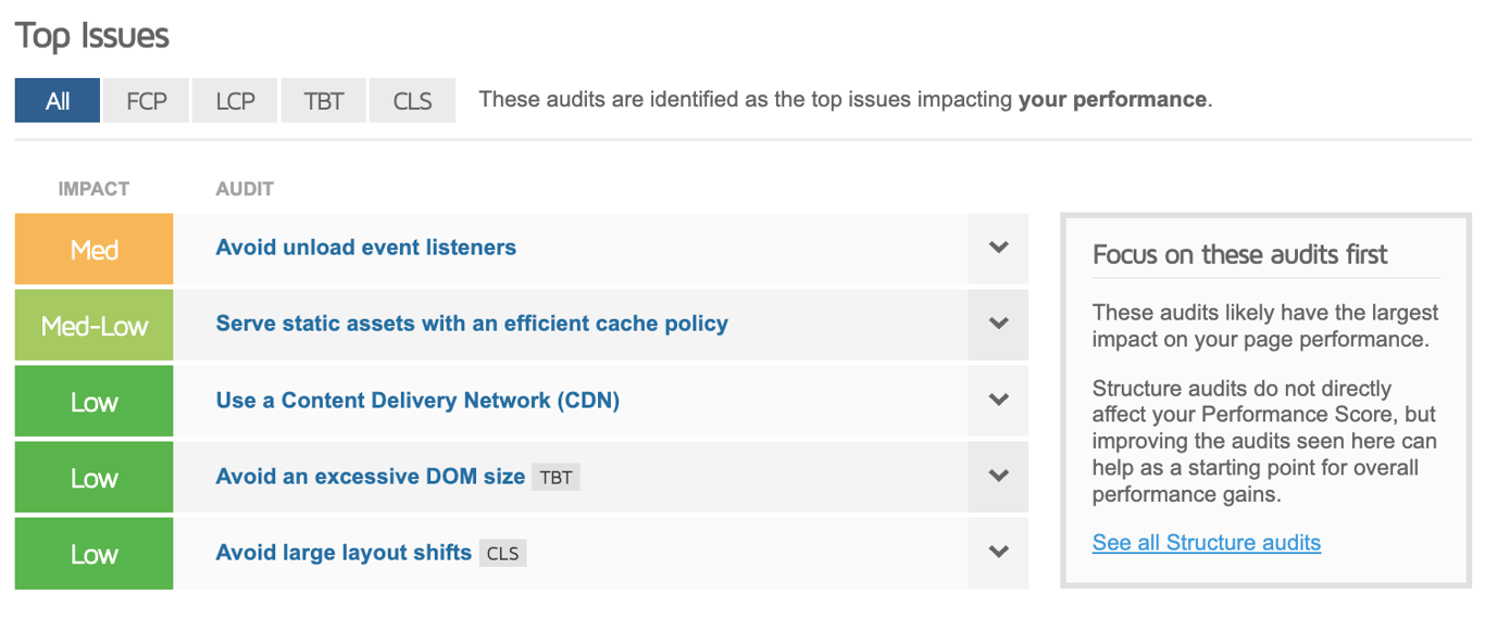 GTmetrix Top Issues section example