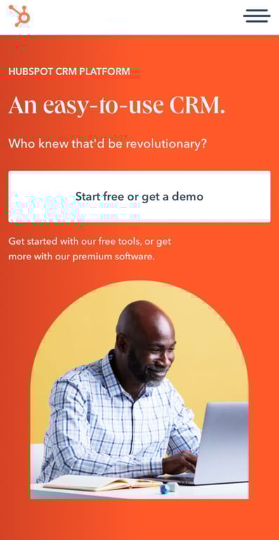 Hubspot's mobile version displays a CTA button at the centre and a hamburger menu at the top right corner
