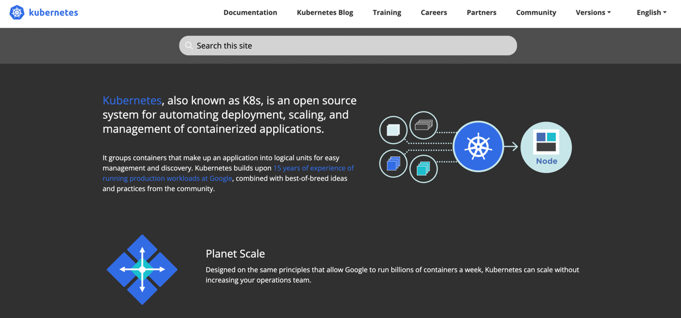 Kubernetes website home page