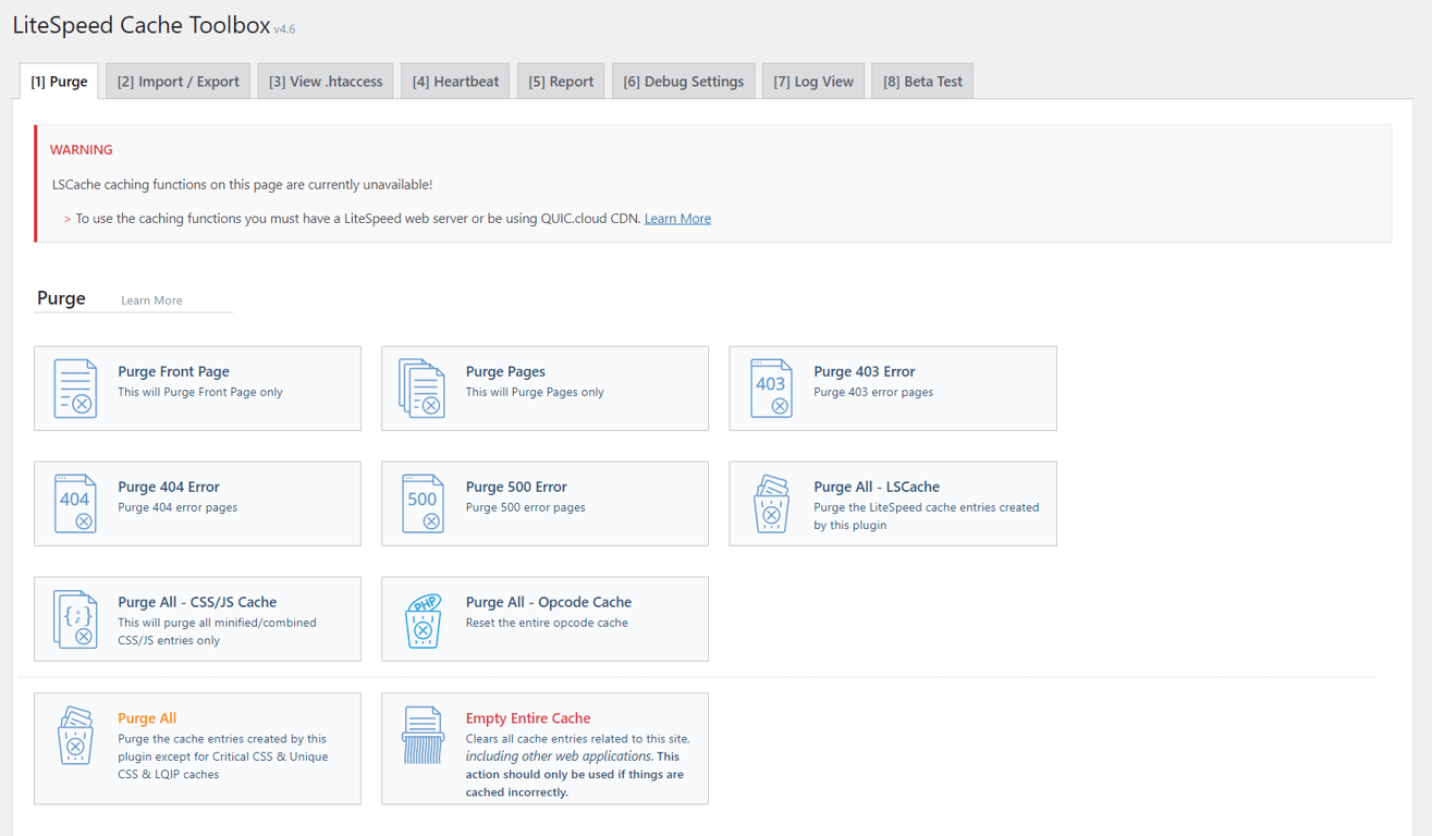 LiteSpeed Cache's Toolbox section displays various cache clearing options