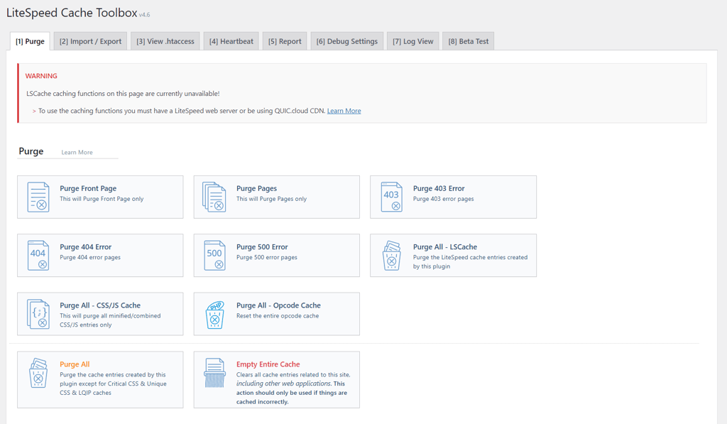 LiteSpeed Cache's Toolbox section displays various cache clearing options
