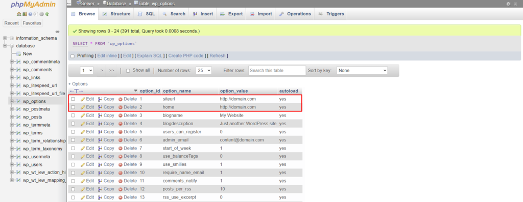 The siteurl and home options in a WordPress database via phpMyAdmin.