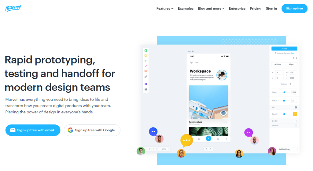 Marvel design tool website homepage