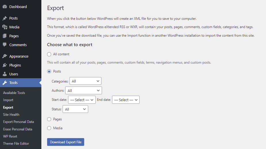 Narrowing down blog posts to export based on categories, authors, date range, and status