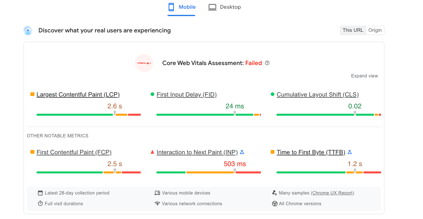 PageSpeed Insights results example