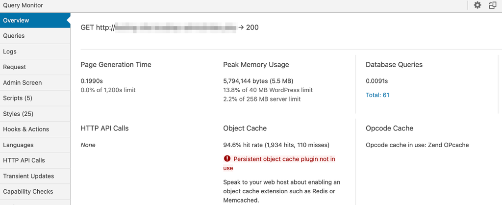 Query Monitor Overview page