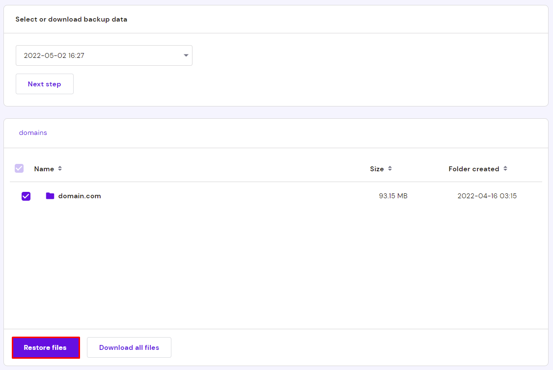 Restoring files from the chosen backup point