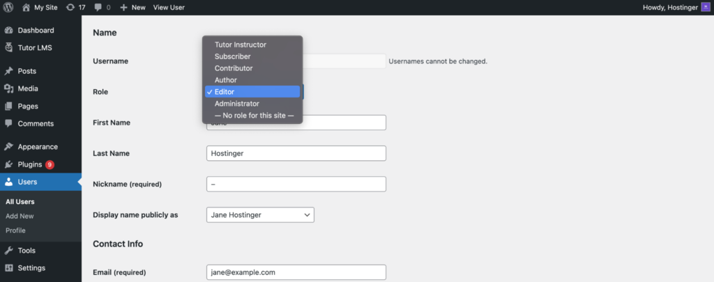 Role settings WordPress dashboard