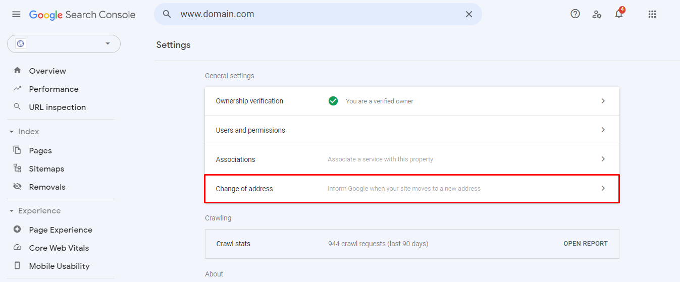 The Change of Address tool within the Google Search Console.