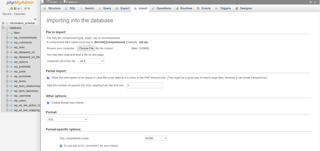 The Database Import tab within the phpMyAdmin interface.