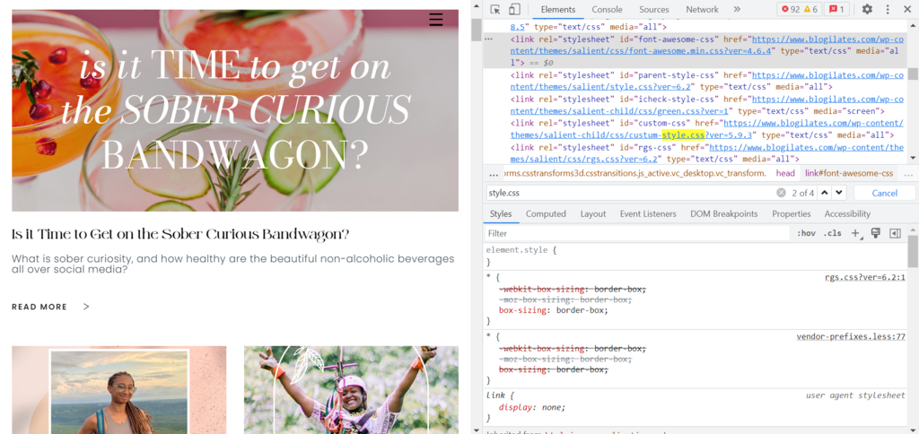 The Elements tab on the right side of Blogilates' page