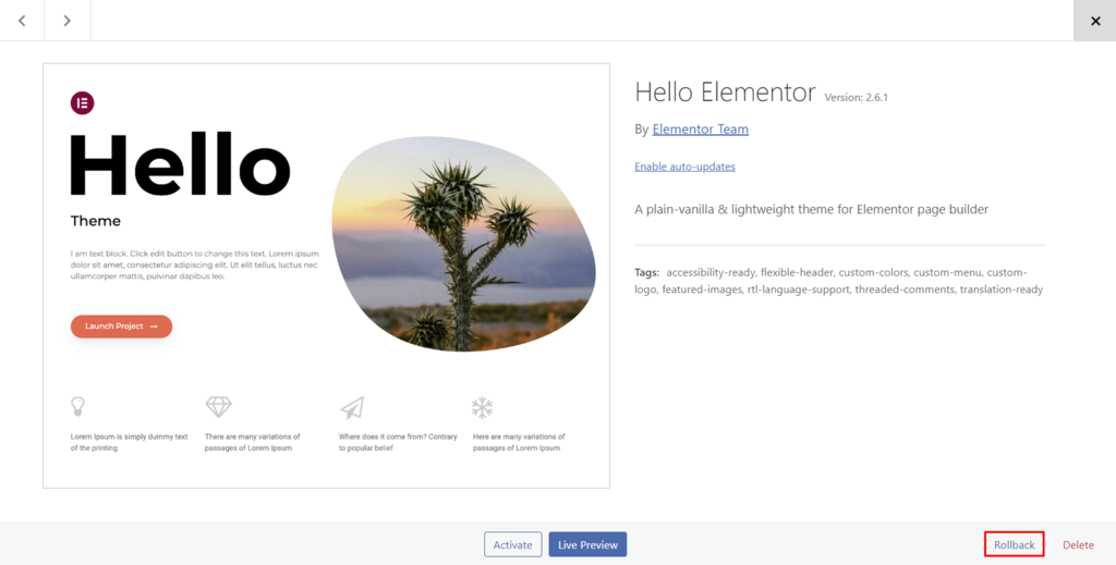 The rollback button appears in the theme details section, allowing you to revert a specific theme to an earlier version