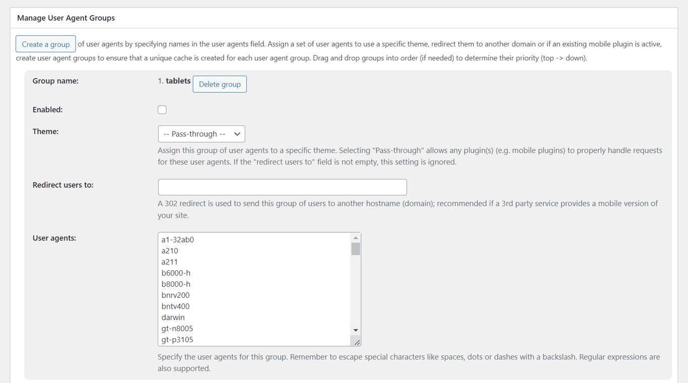 W3 Total Cache's Manage User Agent Group section