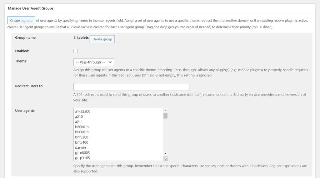 W3 Total Cache's Manage User Agent Group section