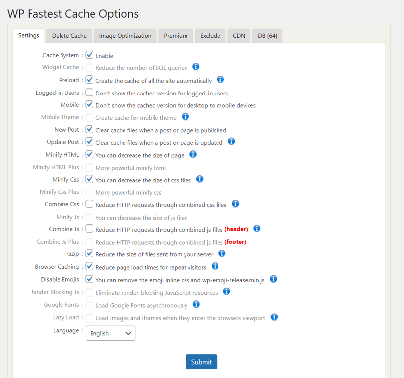 WP Fastest Cache's caching settings consist of checkboxes with explanations