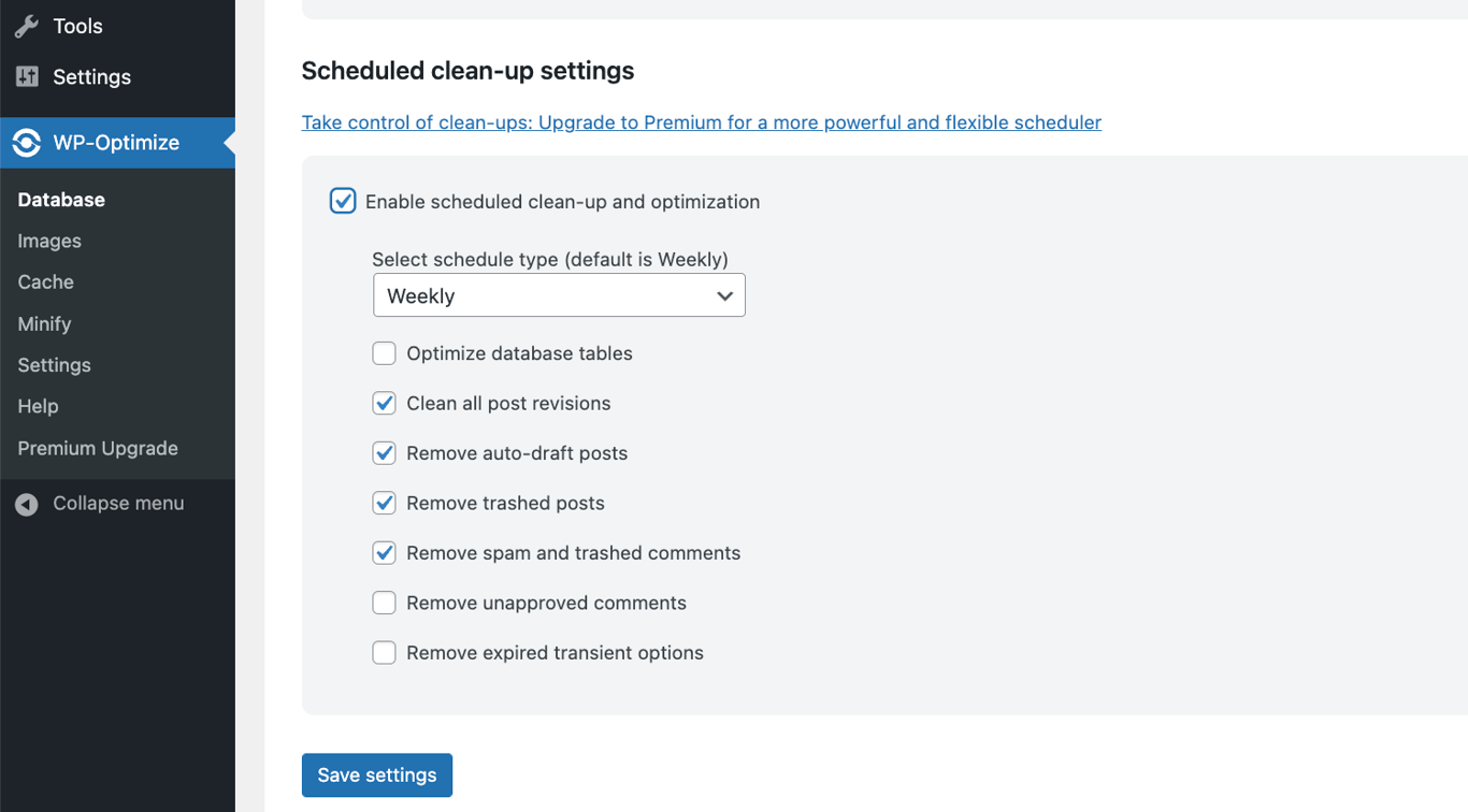 WP-Optimize scheduled clean-up settings