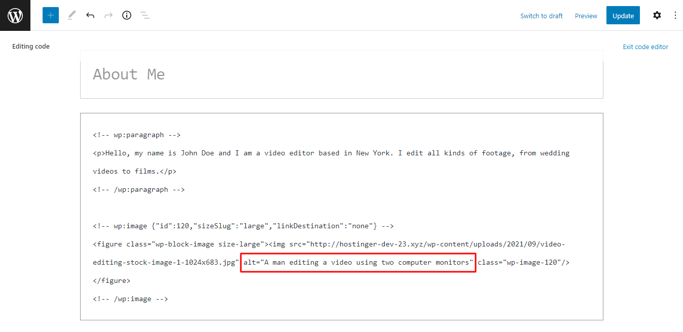 Highlighted image's alt text code
