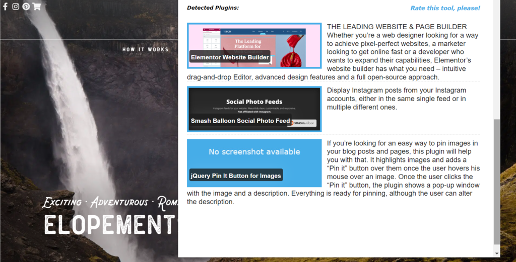 WordPress Theme Detector and Plugins Detector browser extension displays the plugins installed on a site