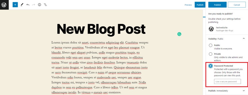Changing content visibility to Password Protected in the WordPress block editor