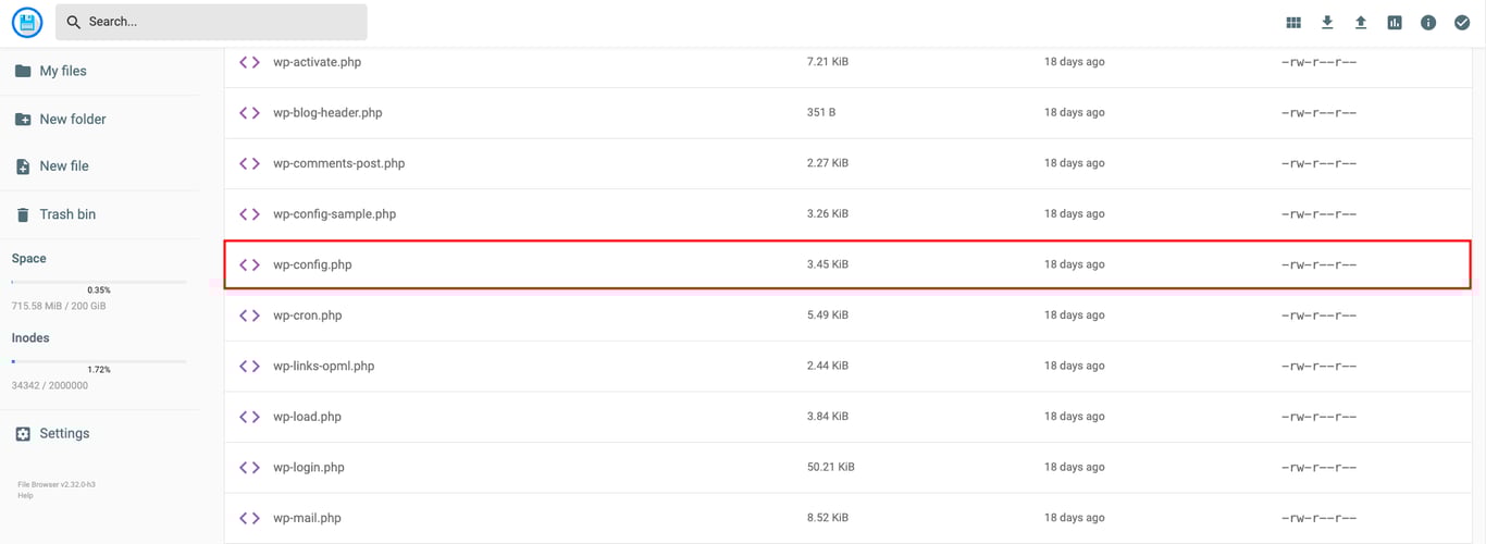 The content of root directory, highlighting wp-config.php