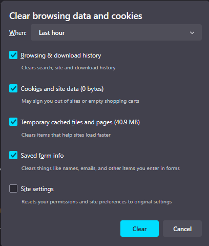 Firefox cache and browsing data deletion page