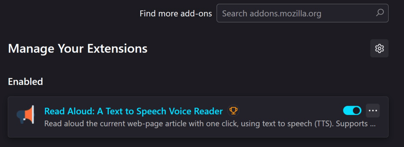 Firefox's extension management menu