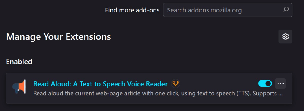 Firefox's extension management menu