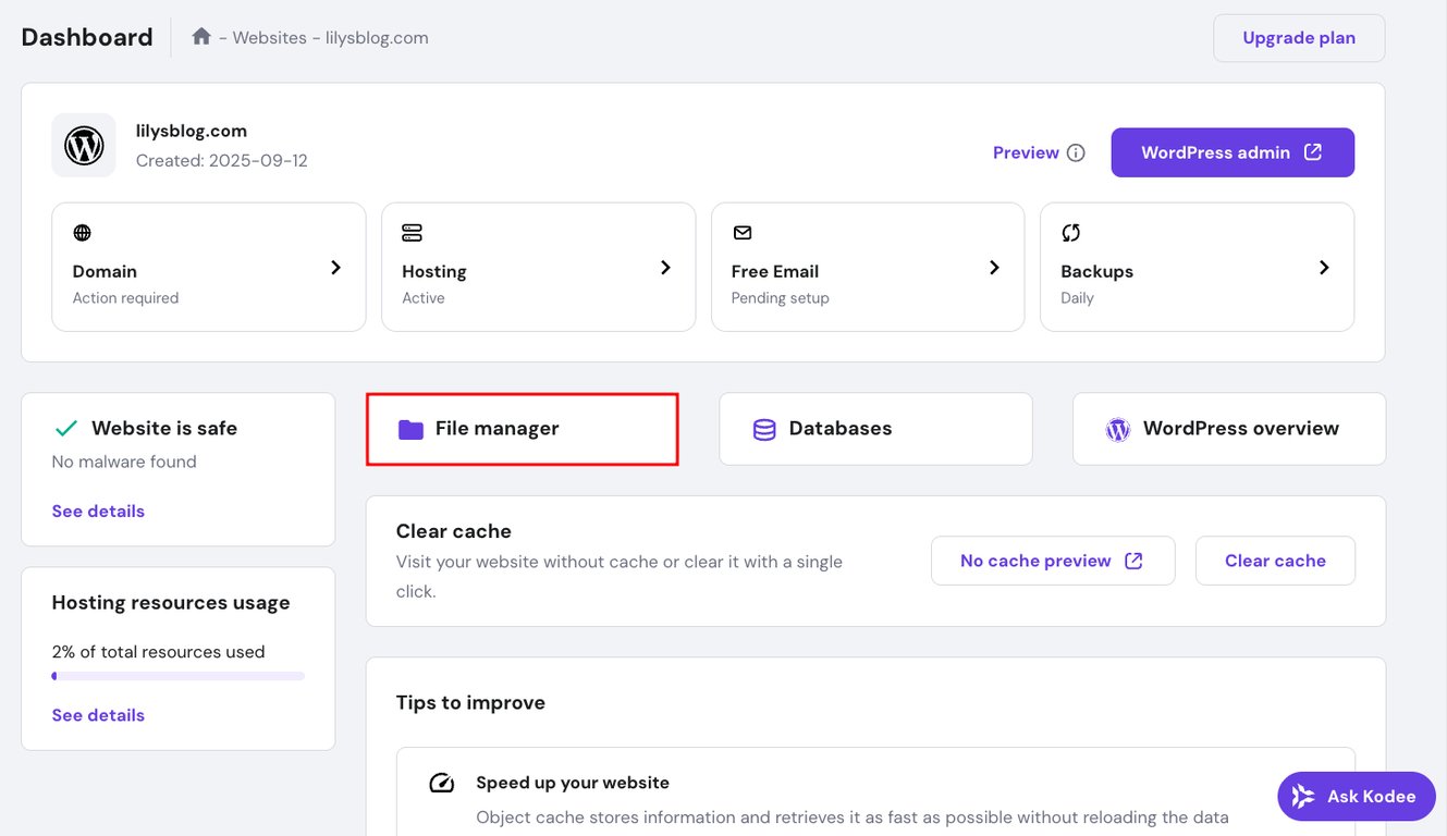 Hostinger's hPanel highlighting the button to access File Manager